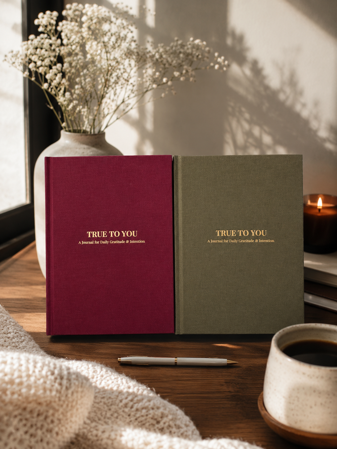 Two True To You journals in bordeaux and olive linen with gold foil lettering, resting on a wooden table in morning light